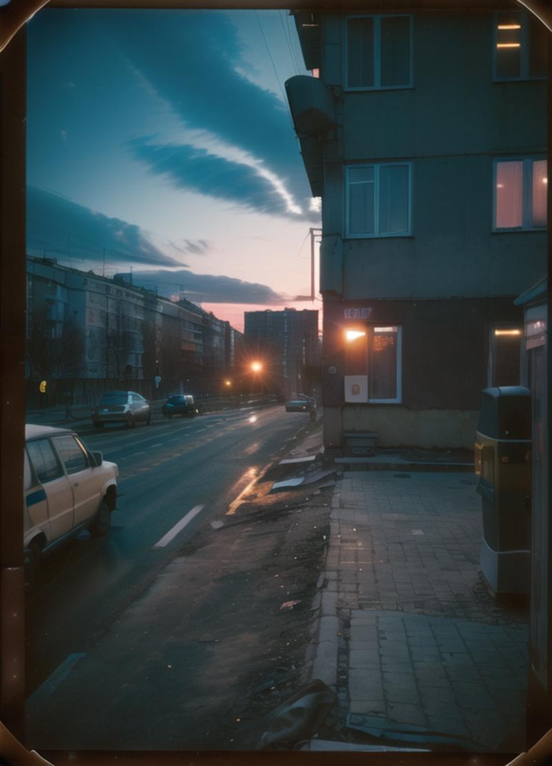 14100-2961943631-view from window, yard with large buildings, russianebenya, sunset, bus stop, cars parked, movie still, 30mm lens, polaroid, ana.png